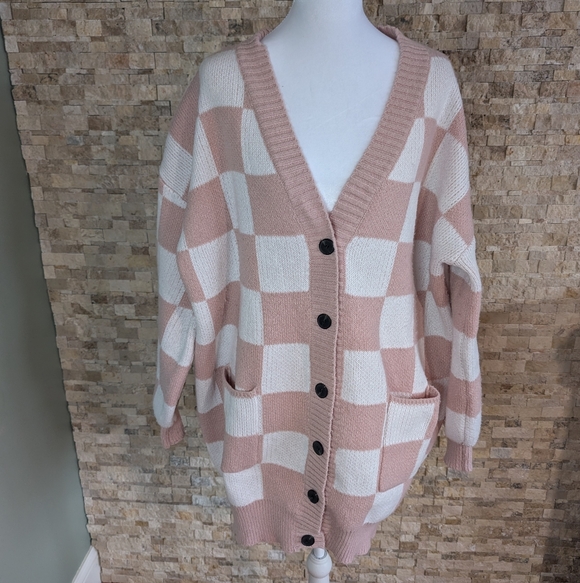 Blakely Sweaters - Blush Cream Checkered Cardigan Sweater Oversized Cozy Knit Coquette Soft Girl S